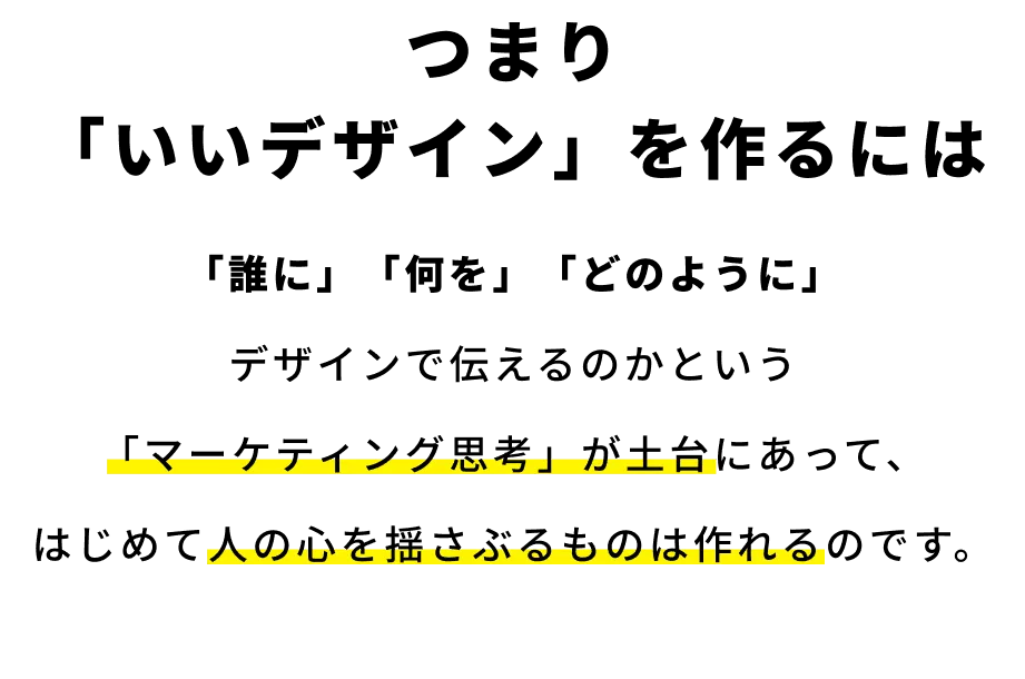 つまり「いいデザイン」を作るには「誰に」「何を」「どのように」デザインで伝えるのかという「マーケティング思考」が土台にあって、はじめて人の心を揺さぶるものは作れるのです。